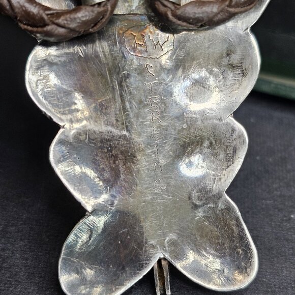 Navajo Turquoise Sterling Silver Bolo Tie Large Butterfly Signed HW. USA - Picture 8 of 12